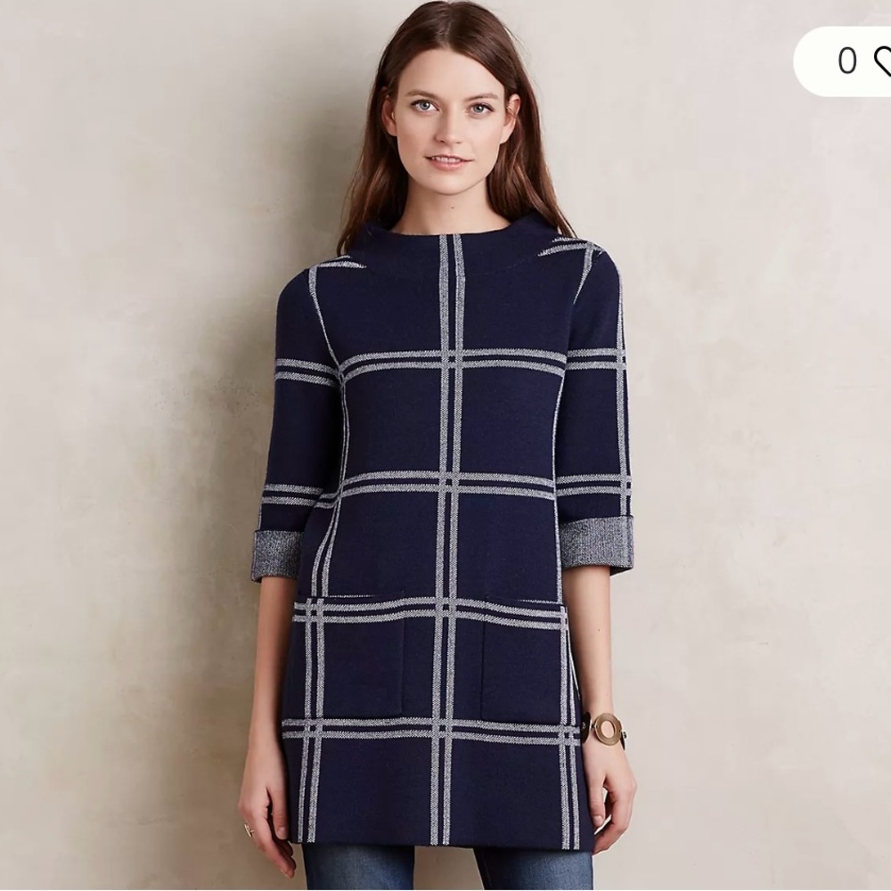 Anthropologie Moth Blue Window Paned Plaid Wool Blend Mock Neck Tunic Sweater